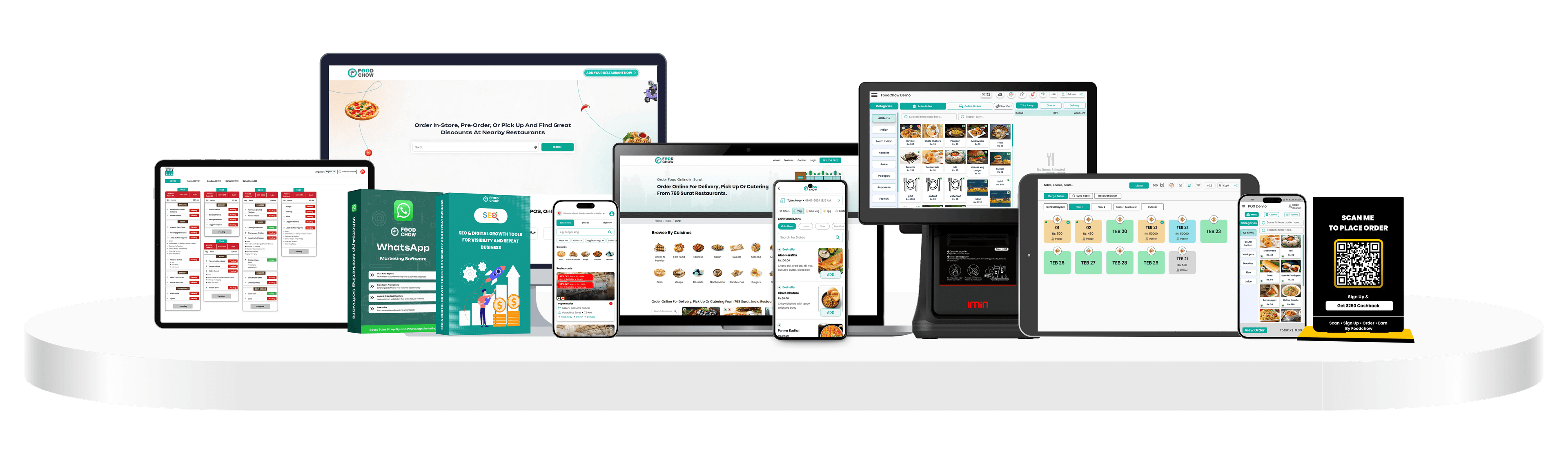 FoodChow ordering website, customer app, POS, kitchen display, and QR ordering shown together