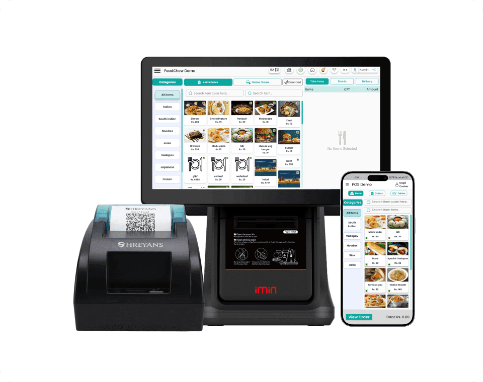 FoodChow POS billing system with terminal, printer, and phone