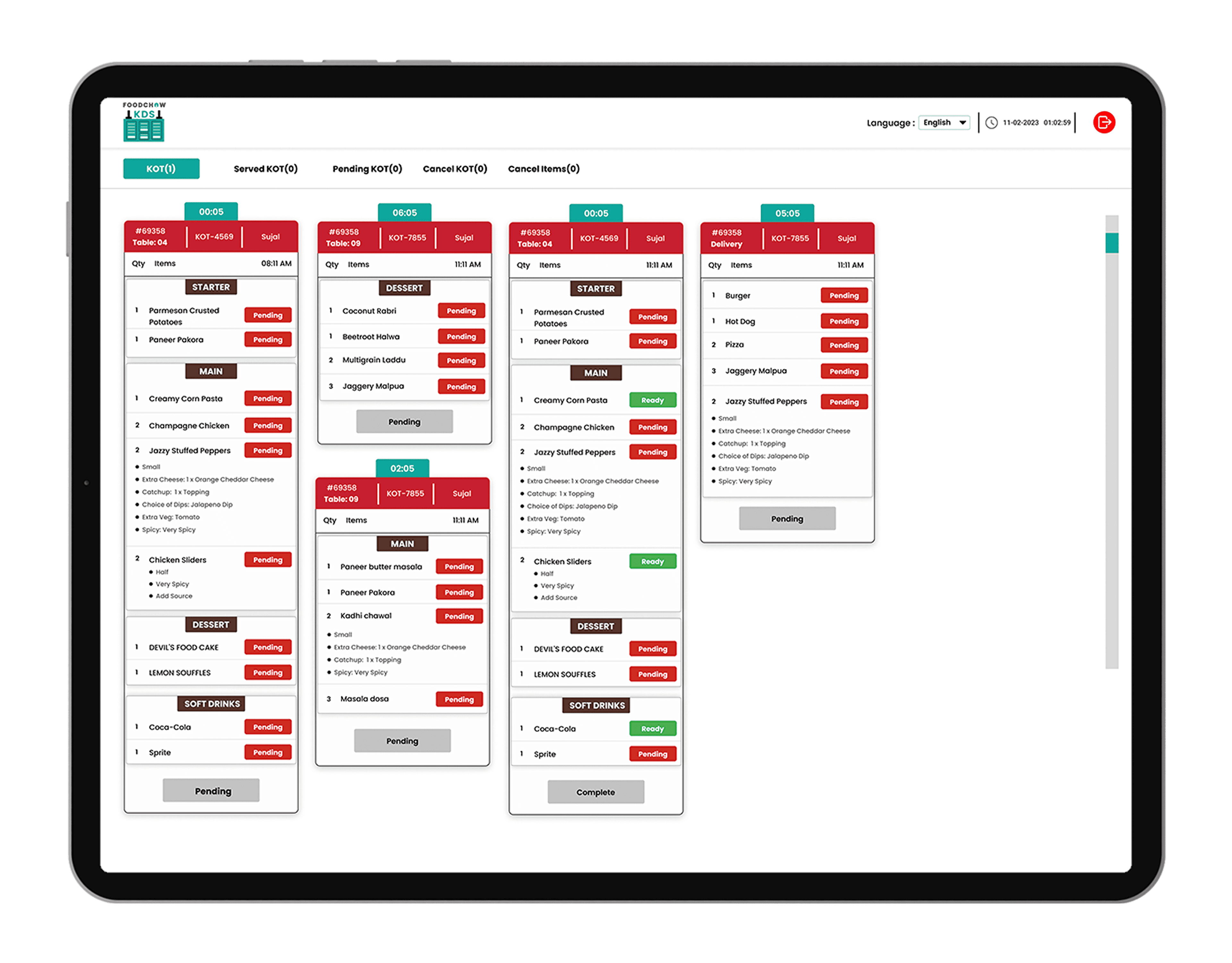 FoodChow kitchen display system with live order tickets